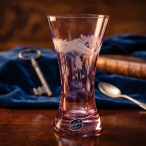 Bohemia Crystal Pink Glass Vase with Floral Etchings