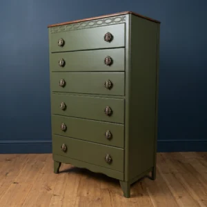 1950s Harris Lebus Chest of Drawers in Dark Forest Green with Tobacco Wood Top and Scarab Handles