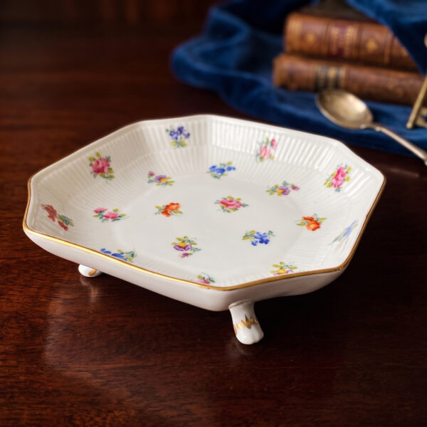 Vintage Porcelain Footed Dish with Floral Design & Gold Trim