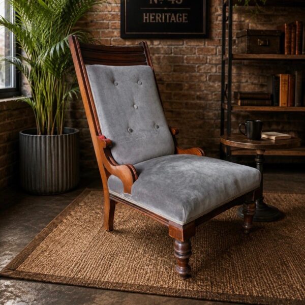 Antique Walnut Armchair with Grey Upholstery